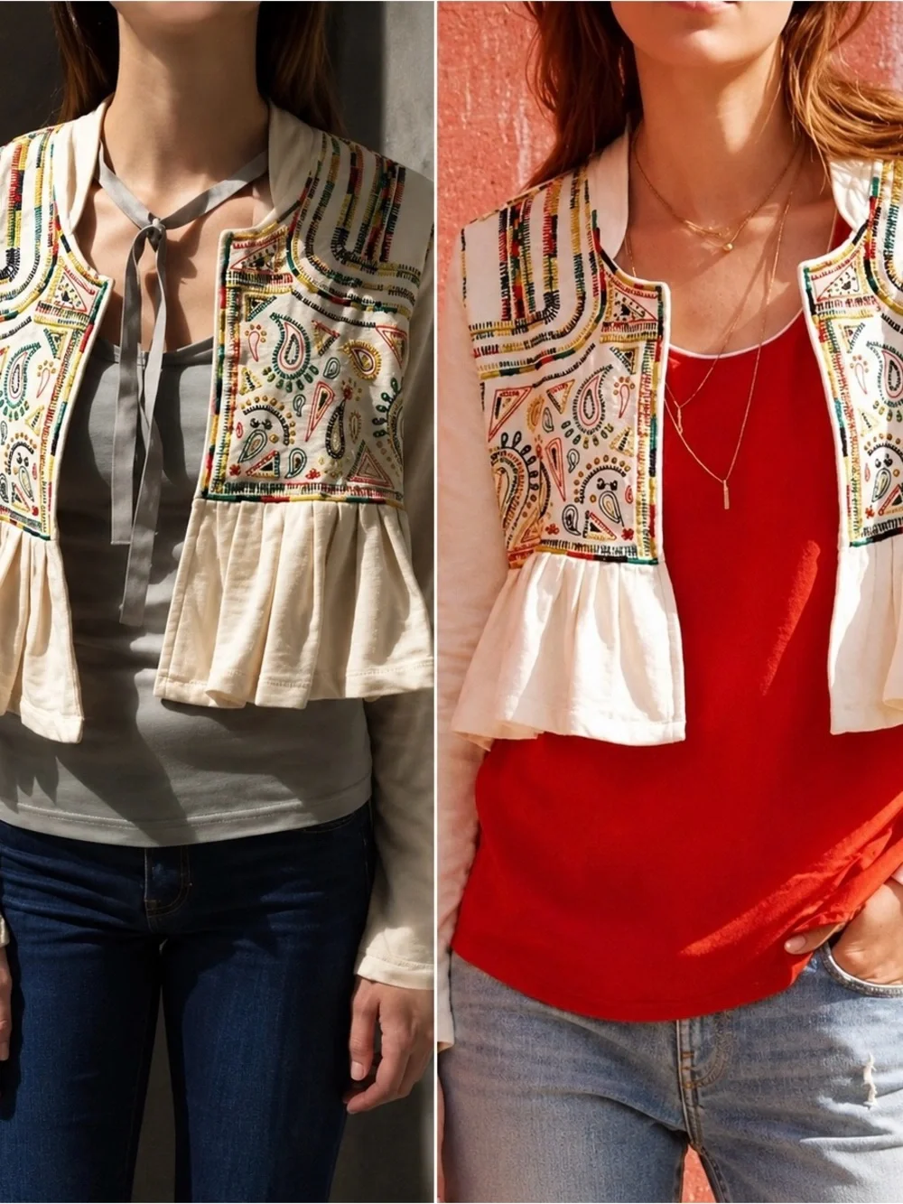 Anthropologie Lilka Cropped Embroidered Ruffle Cardigan Size XS Boho Jacket